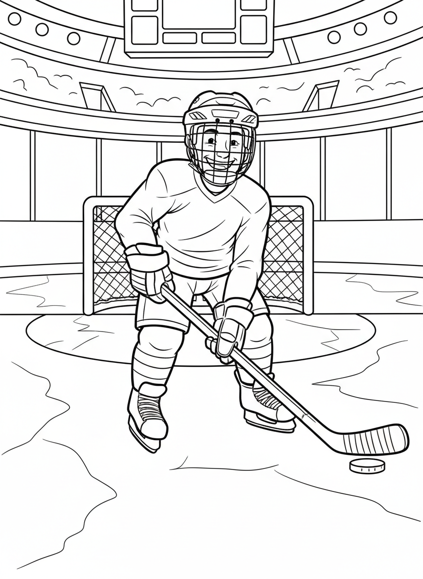 A smiling ice hockey player in full gear holding a hockey stick, standing on ice with skates, simple line art for coloring