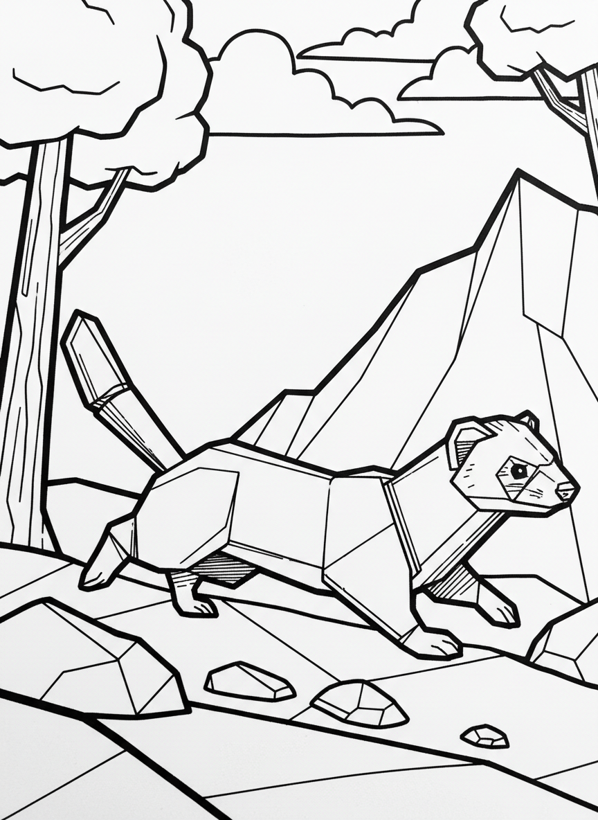 A playful origami ferret in a stretched-out running pose, long body showing paper fold segments, dynamic composition