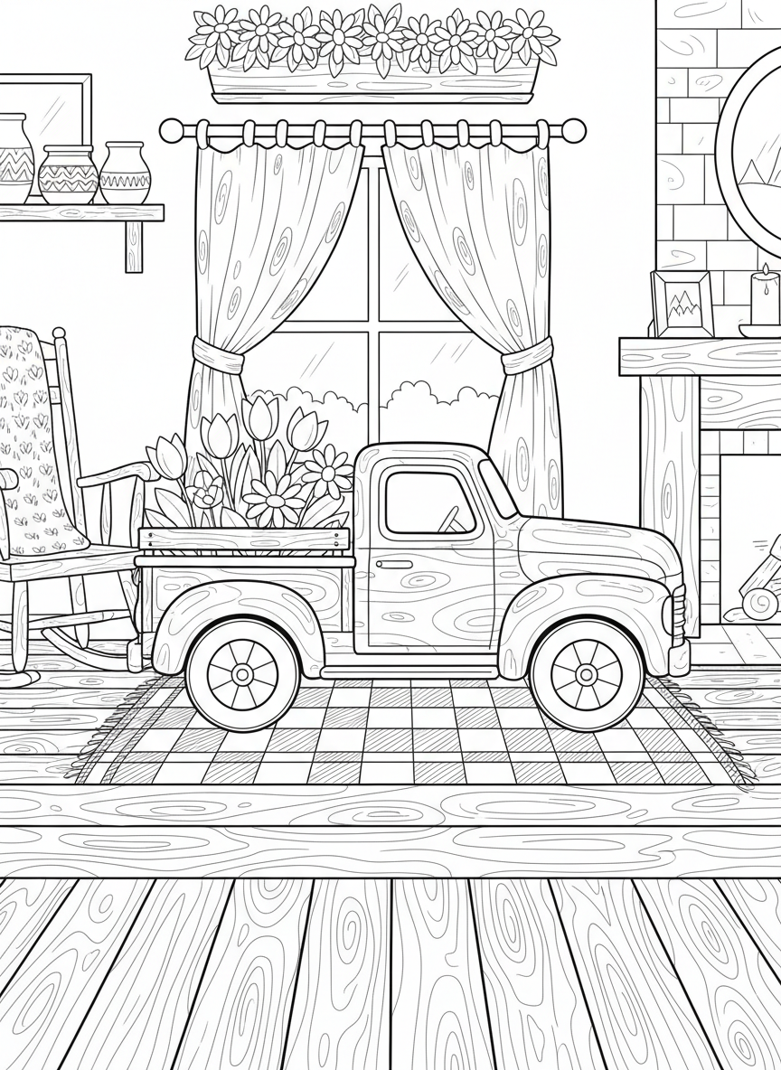 A rustic wooden toy pickup truck with hand-carved details, sitting in a cozy farmhouse setting with simple flowers around it, line art coloring page