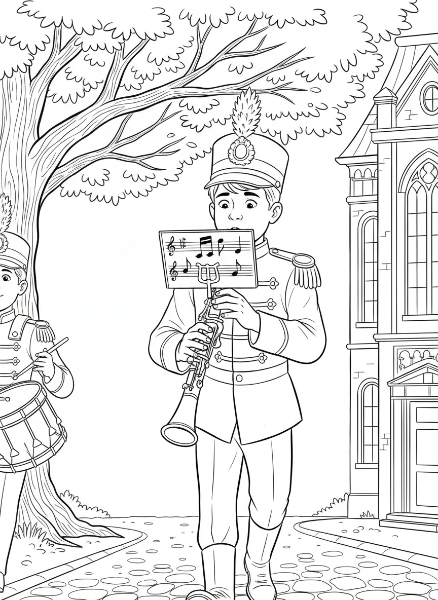 A young clarinet player marching while reading sheet music attached to their instrument.