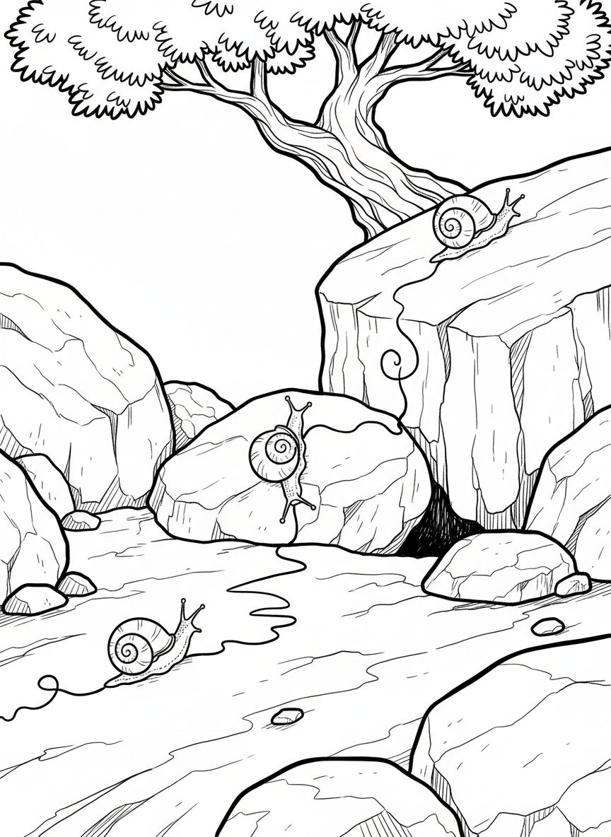 Group of four tiny periwinkle snails in different positions creating a trail across a rock surface