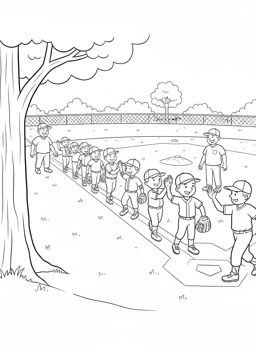 Two Little League baseball teams forming a long sportsmanship line on the infield, players high-fiving and shaking hands after the game ends, coaches smiling at the ends of each line.