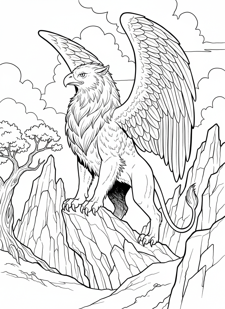 A majestic griffin with eagle head and lion body standing proudly on a cliff, with detailed feathers and fur patterns.