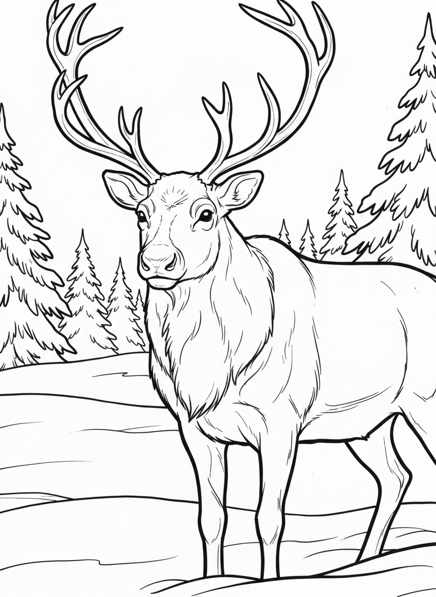 A reindeer with large antlers standing in a snowy field, detailed fur texture and gentle expression, simple background