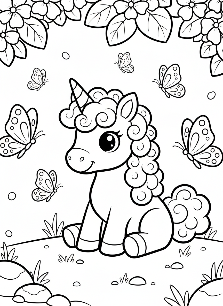 A baby unicorn sitting down with a small horn and fluffy mane, surrounded by butterflies, simple and cute design