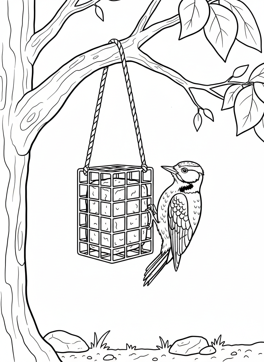 A simple suet feeder hanging from a branch with a downy woodpecker clinging to it