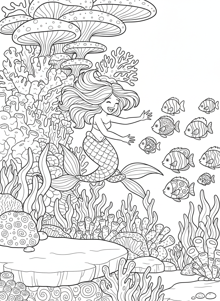 A playful mermaid chasing colorful tropical fish through a coral reef garden with various coral shapes and sea plants