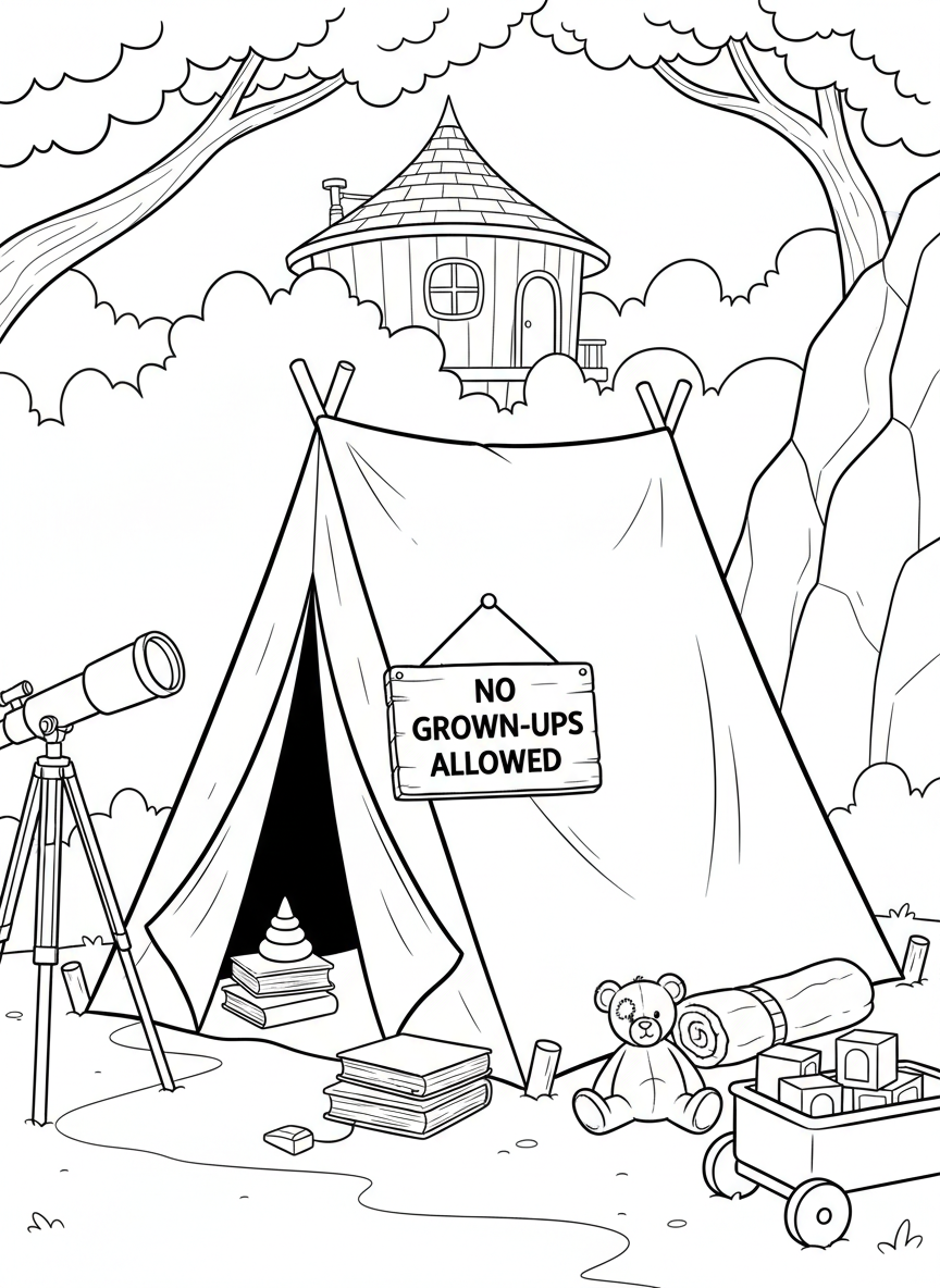 Simple tent with a 'No Grown-ups Allowed' sign hanging on it, surrounded by toys and adventure props like a toy telescope.