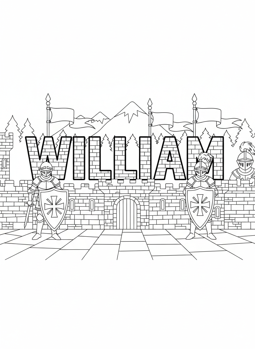 The name WILLIAM in medieval castle-style letters with knights, shields, and flags, black outline coloring page design