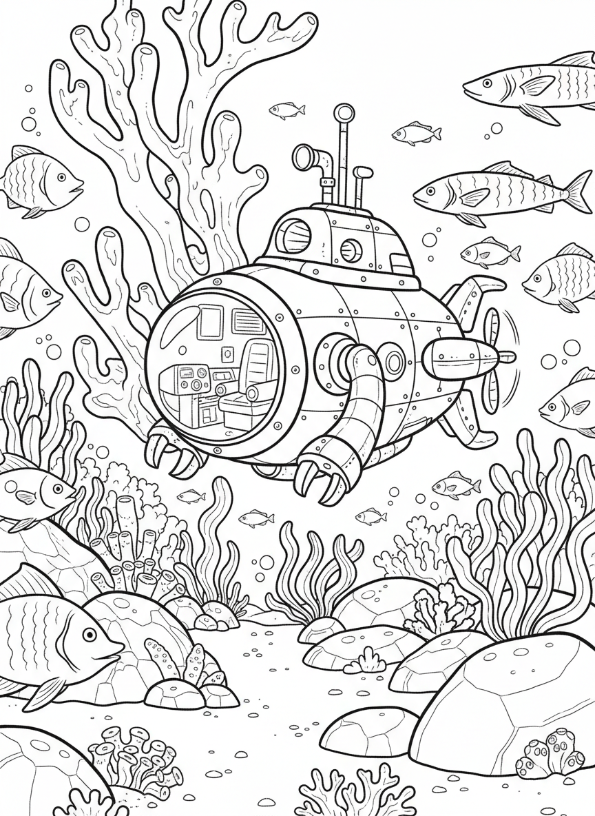 A robot submarine with a glass dome window exploring underwater, surrounded by fish, coral, and sea plants.