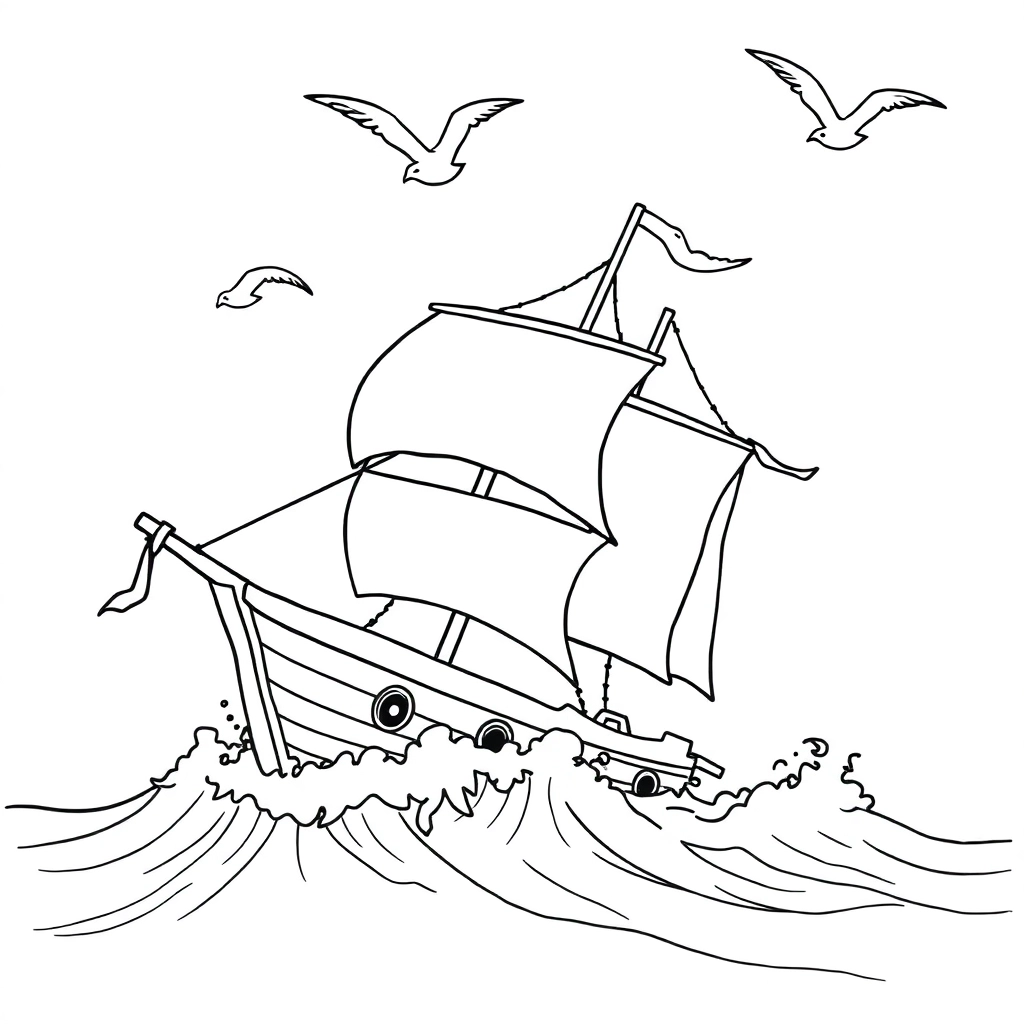 A pirate ship battling waves, seagulls flying overhead