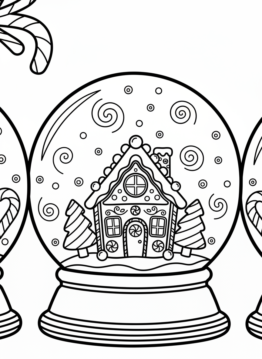 A snow globe featuring a gingerbread house with candy decorations, surrounded by swirling snow and peppermint stick trees inside.