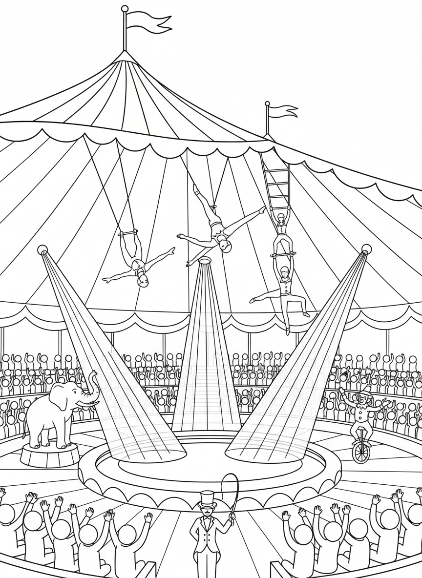 A large circus tent filled with performers, acrobats swinging overhead, and spotlights shining onto the center stage.