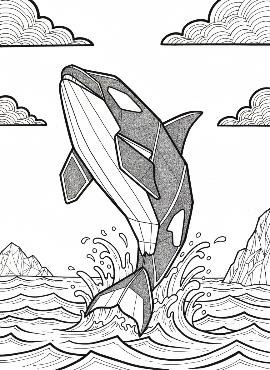 An origami orca whale breaching upward, showing black and white geometric color sections, tall dorsal fin, and powerful tail