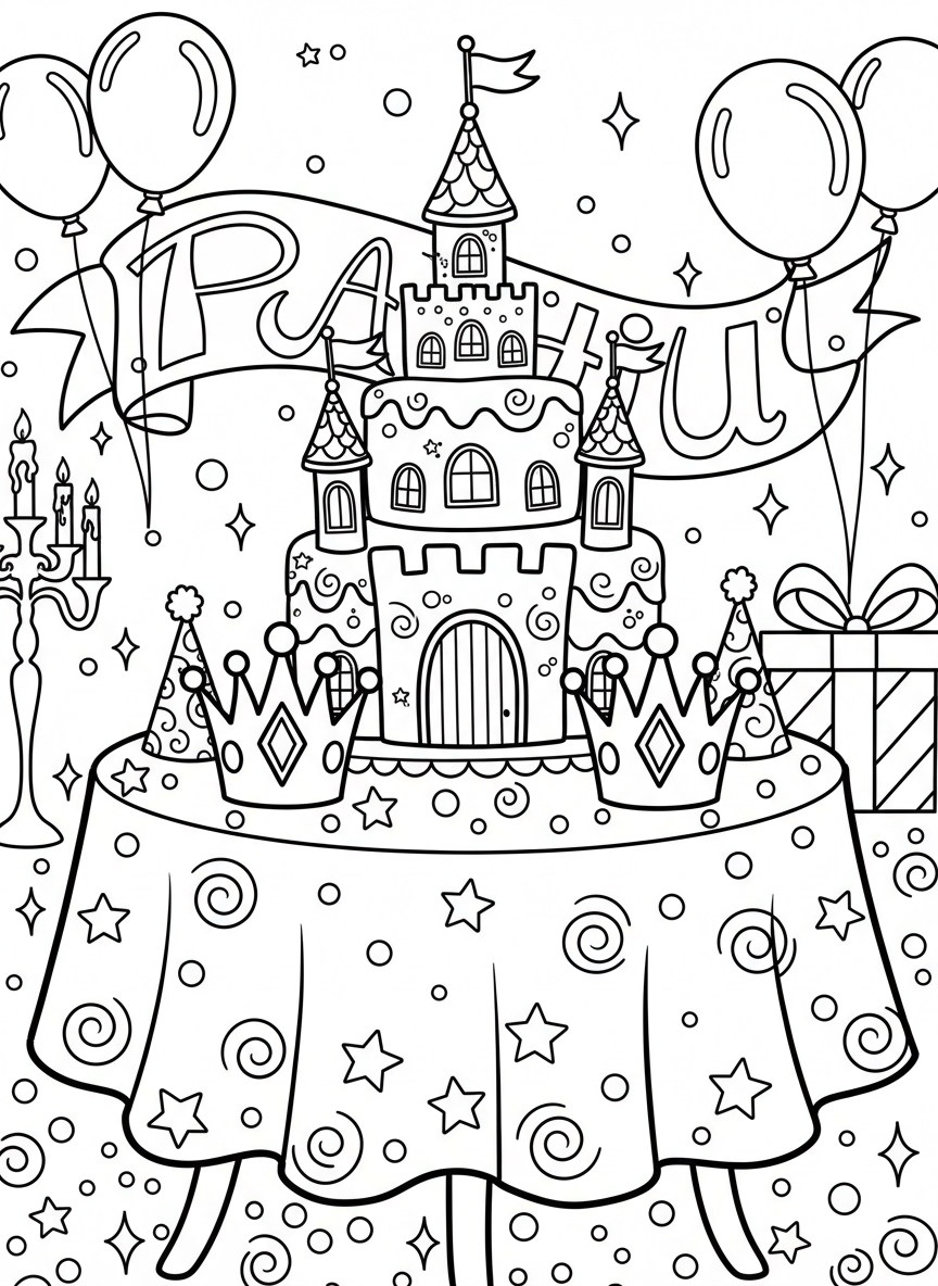A whimsical birthday scene with a castle-shaped cake, princess crown party hats, and sparkly decorations all around.
