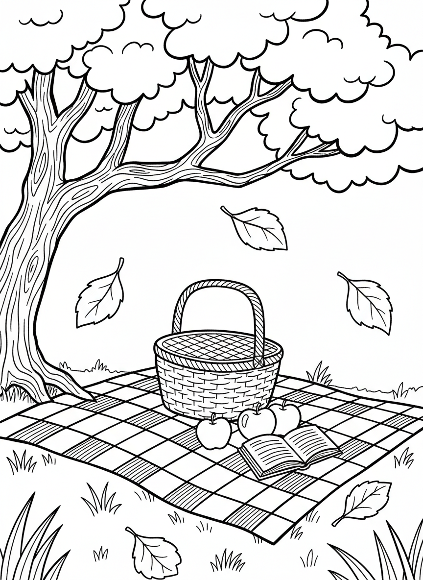 A picnic blanket spread under a tree with a basket, apples, and leaves gently falling around the scene.