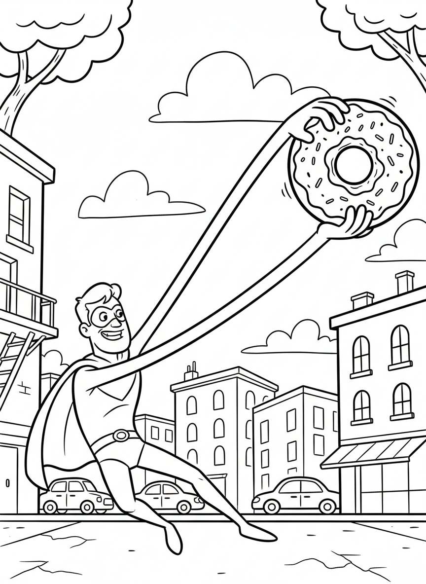 A superhero with stretchy powers reaching across the page to grab an object, exaggerated long arms, playful cartoon style