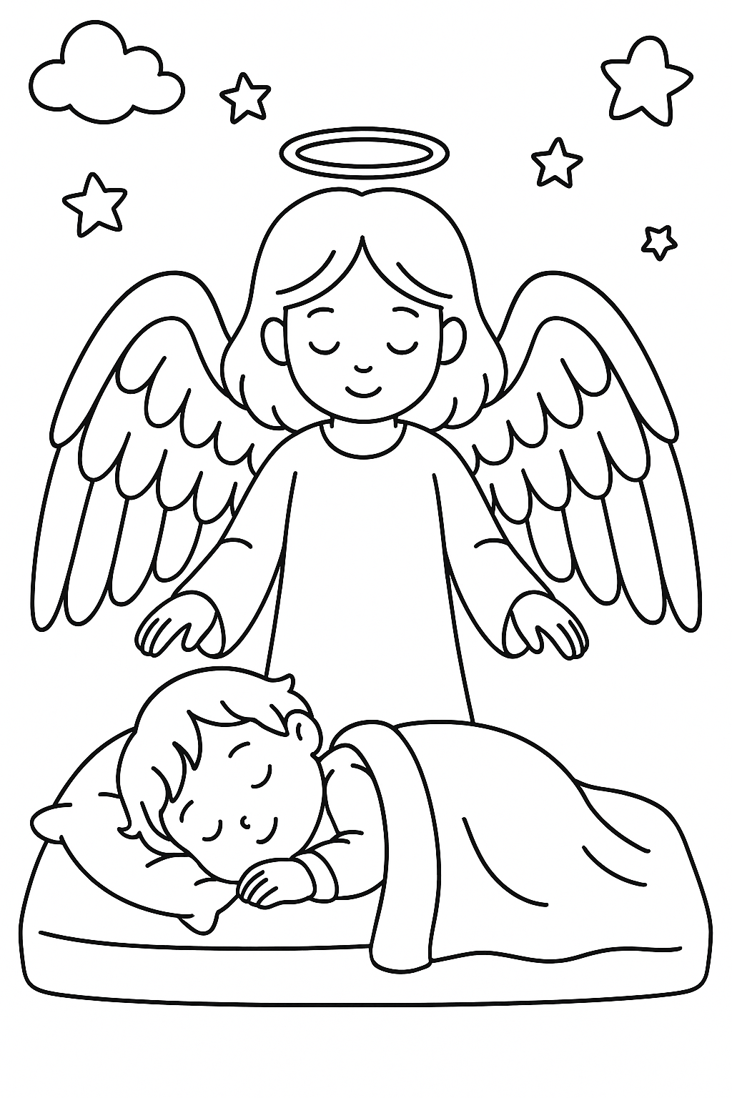 Draw one angel with gentle wings above a sleeping child. Add stars and clouds in corners.