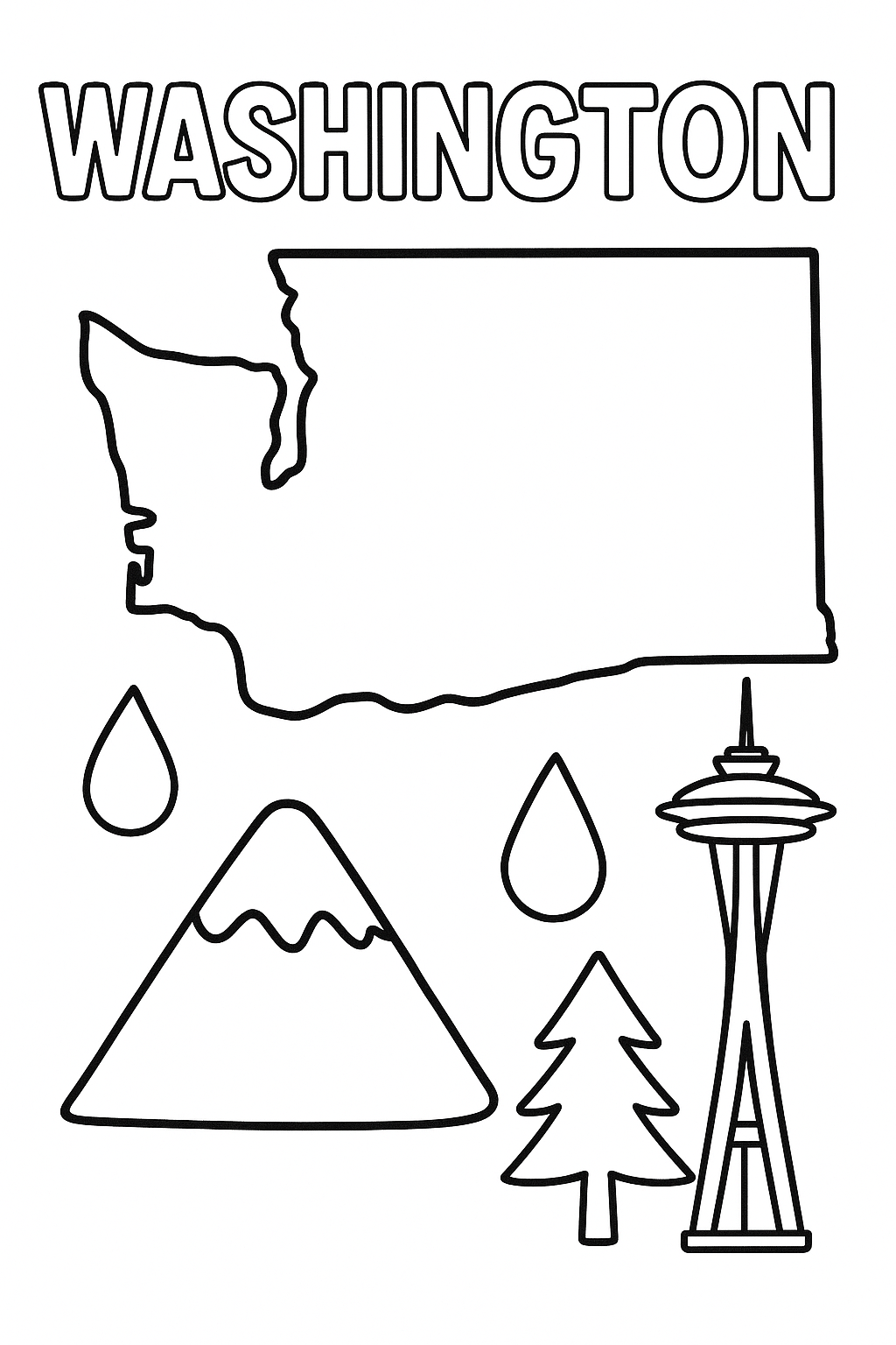 Write “Washington” once at the top in outlined letters. Create a bold, centered outline of the state. Add one mountain, one pine tree, one raindrop, and one Space Needle icon in corners.