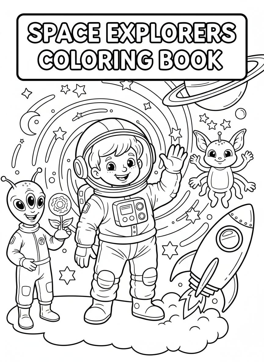 Space explorers coloring book cover, full-color illustration with a kid astronaut, friendly aliens, and a cartoon rocket against a starry sky. Title-safe area at top.