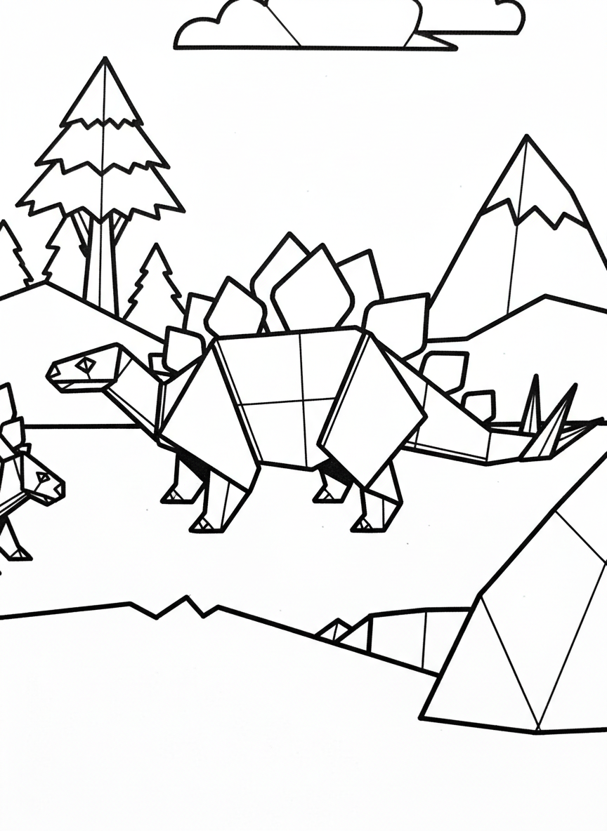 An origami Stegosaurus with diamond-shaped plates along its back, featuring clean angular lines and geometric tail spikes, side view.