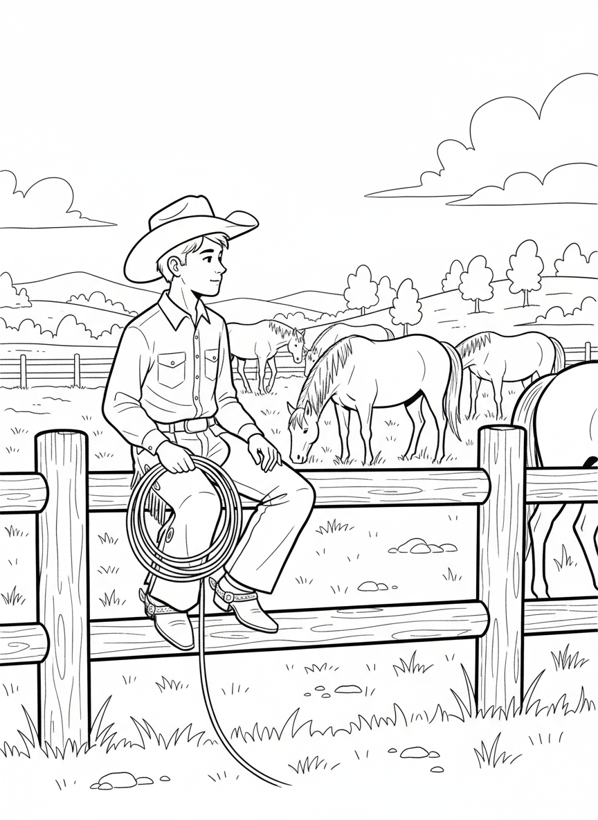 A young cowboy sitting on a wooden fence rail, holding a rope and watching horses graze in a sunny pasture.