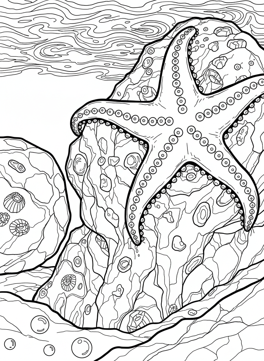 A close-up of a sea star gripping a rock with its tube feet visible along its arms.