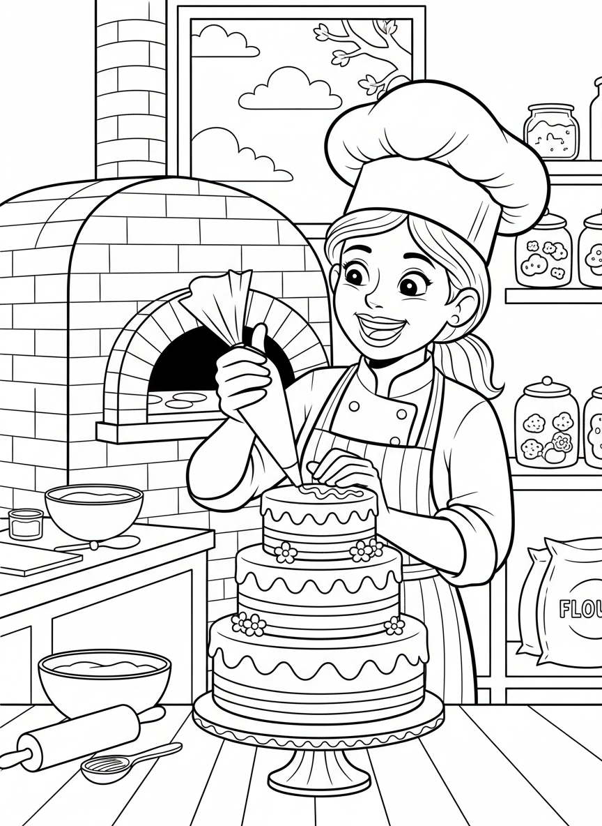 A cheerful baker decorating a three-layer birthday cake with frosting and a piping bag