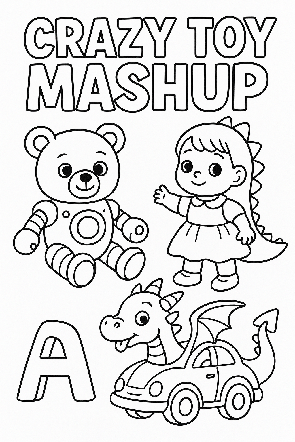 Crazy toy mashup coloring: robot-teddy bear, dinosaur-doll, car-dragon hybrid, silly combinations, imaginative play scene, thick black line art, creative fun design for kids