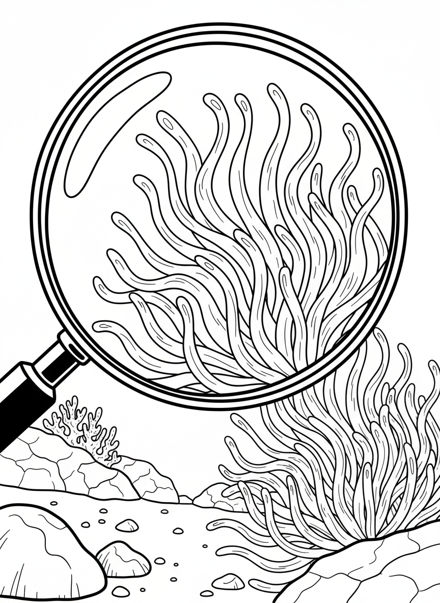 A large magnifying glass focusing on a detailed sea anemone, showing the creature's tentacles in clear line art.