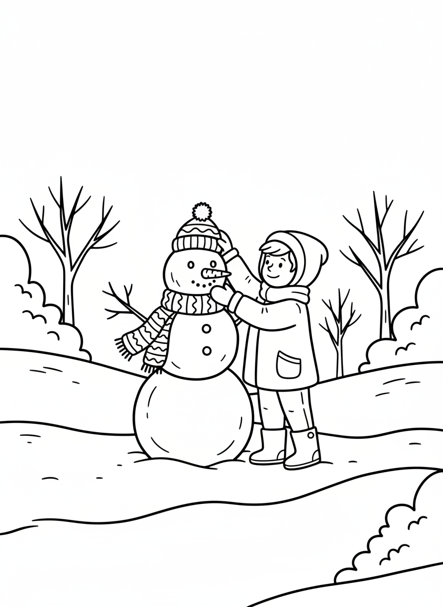A child building a snowman in winter, snow-covered ground, simple trees, scarf and hat on snowman, clean bold outlines, no text, no logos