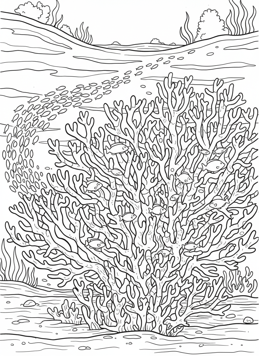 Branching staghorn coral formation with fish swimming between the branches, simple underwater scene with wavy water lines above.