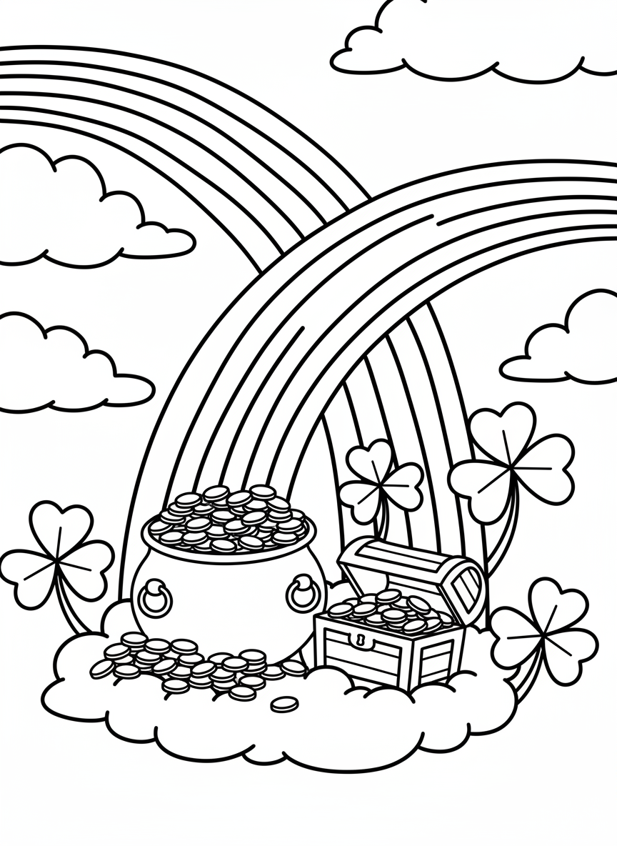 A rainbow leading down to a pot of gold coins and a small treasure chest, with clouds and shamrocks in the background