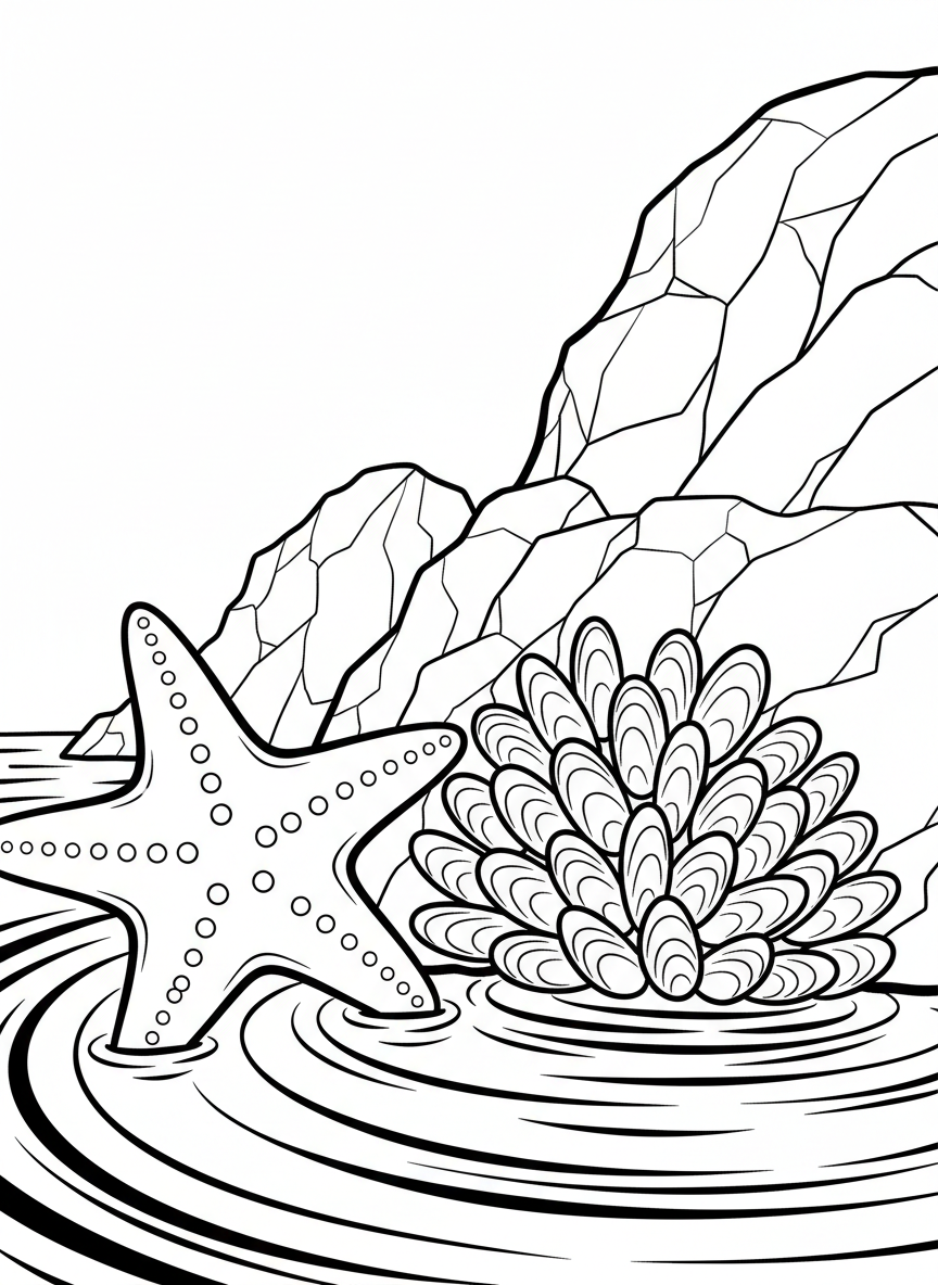 A playful sea star reaching toward a cluster of mussels attached to a large rock, with water ripples in the background
