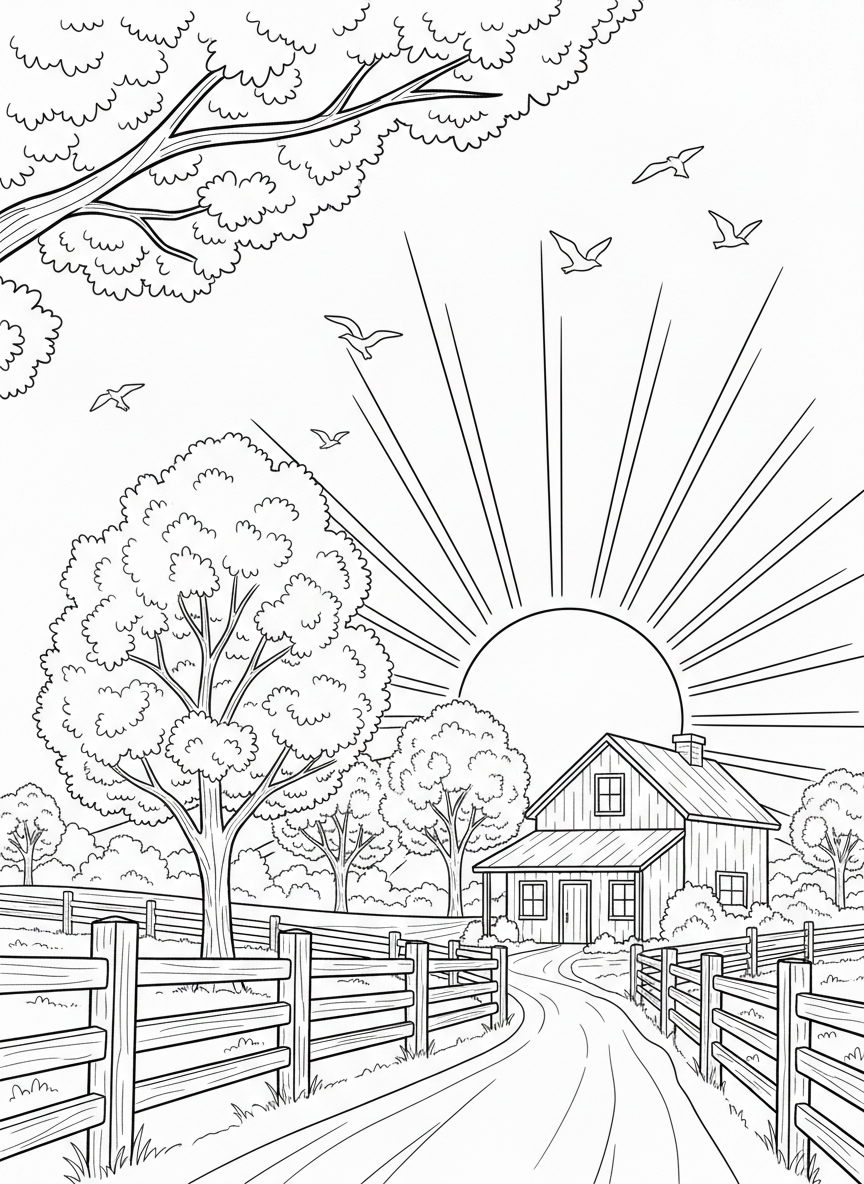 A peaceful sunrise scene over a countryside landscape with a farmhouse, fence, blooming trees, and birds flying in the morning sky.
