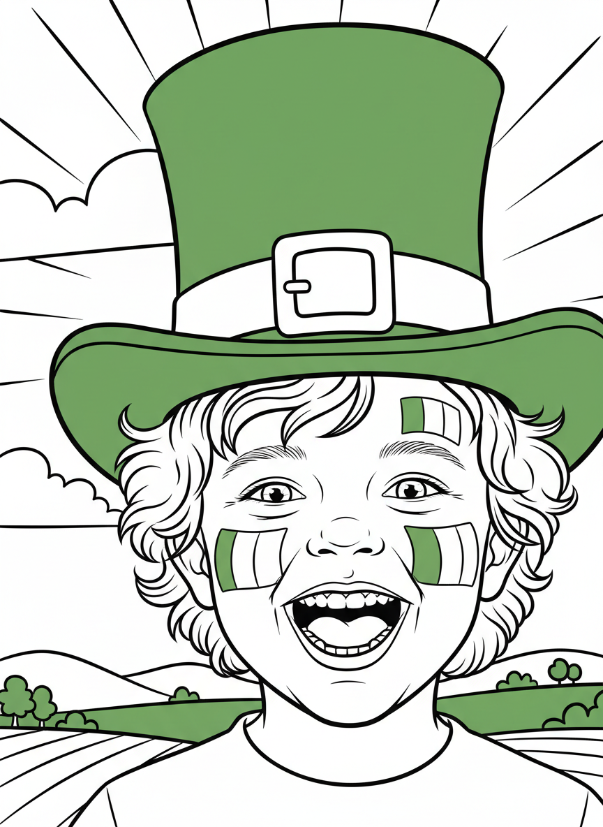A close-up of a smiling child's face painted with shamrocks and Irish flags, wearing a green hat.