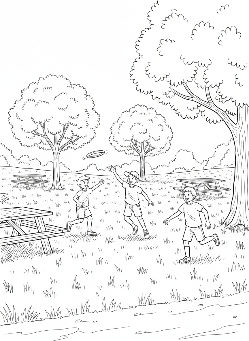 Children playing frisbee in an open park meadow with picnic tables and trees in the background, capturing active outdoor fun.