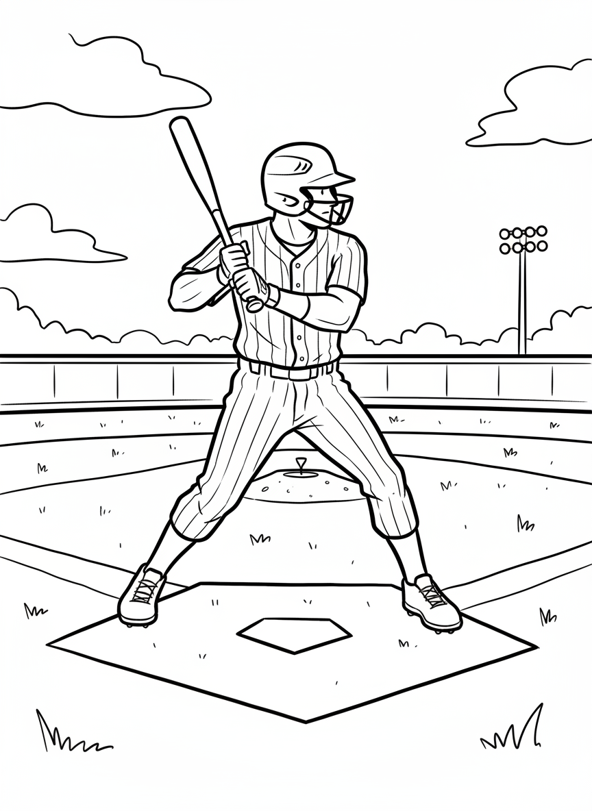 A baseball player at bat in ready position, wearing a helmet and uniform, with home plate visible, clean outlines.