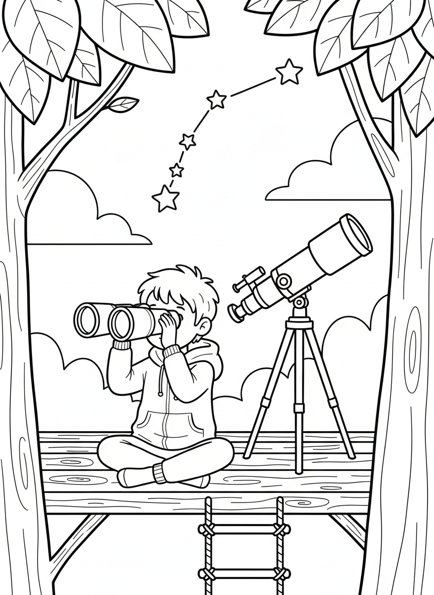 A child using binoculars in a treehouse while sitting next to a telescope, with the Big Dipper constellation visible above.