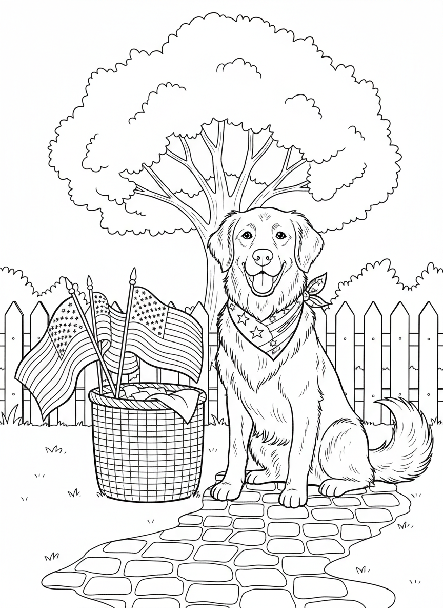 A friendly dog wearing a bandana with stars and stripes, sitting next to a basket of American flags