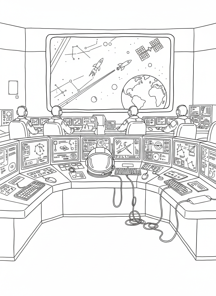 Mission Control room with computers, screens showing space data, and an astronaut helmet on a desk, detailed scene
