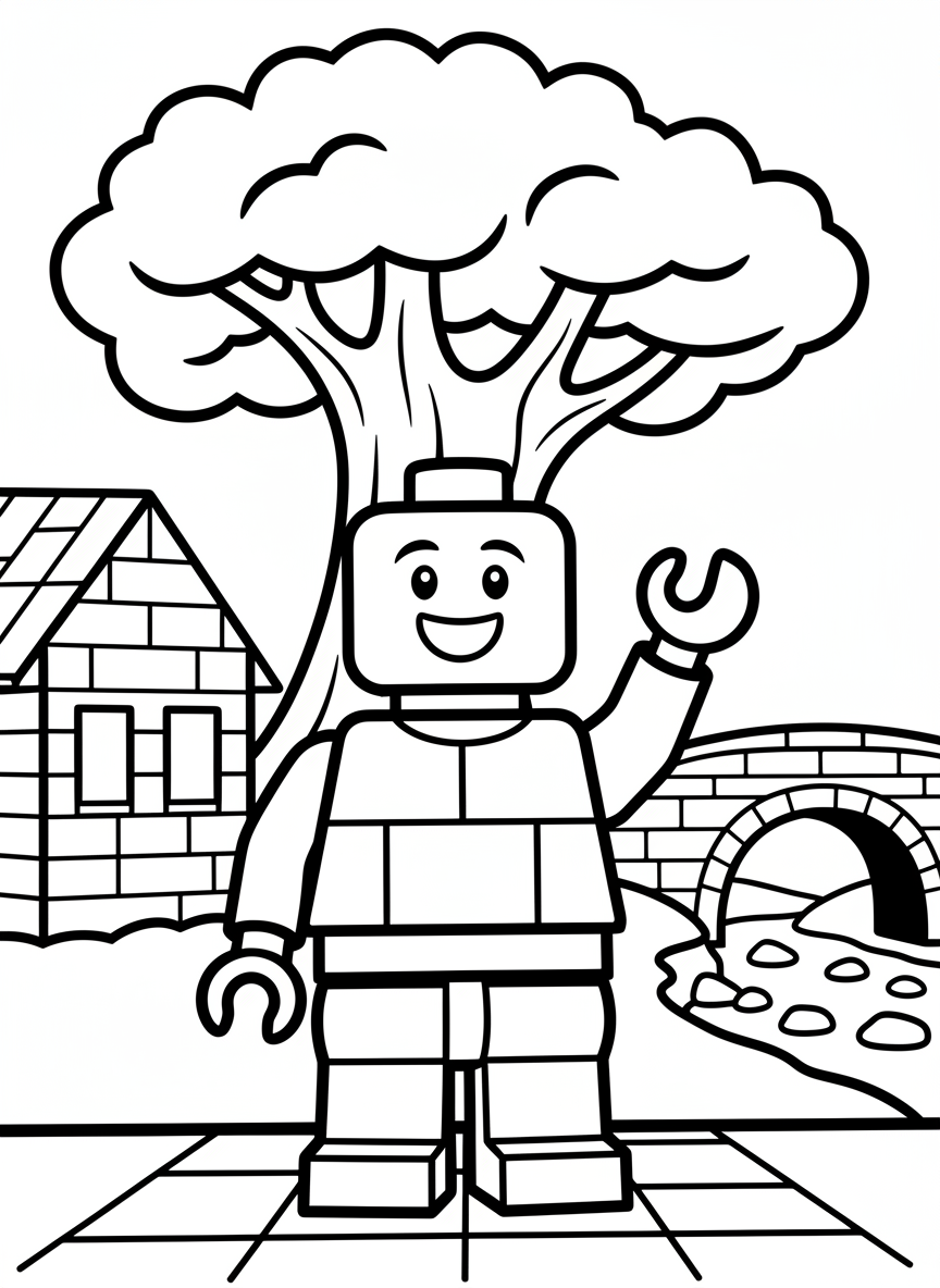 A smiling toy brick minifigure character waving hello, with a classic cylindrical head and simple body made of connecting blocks.