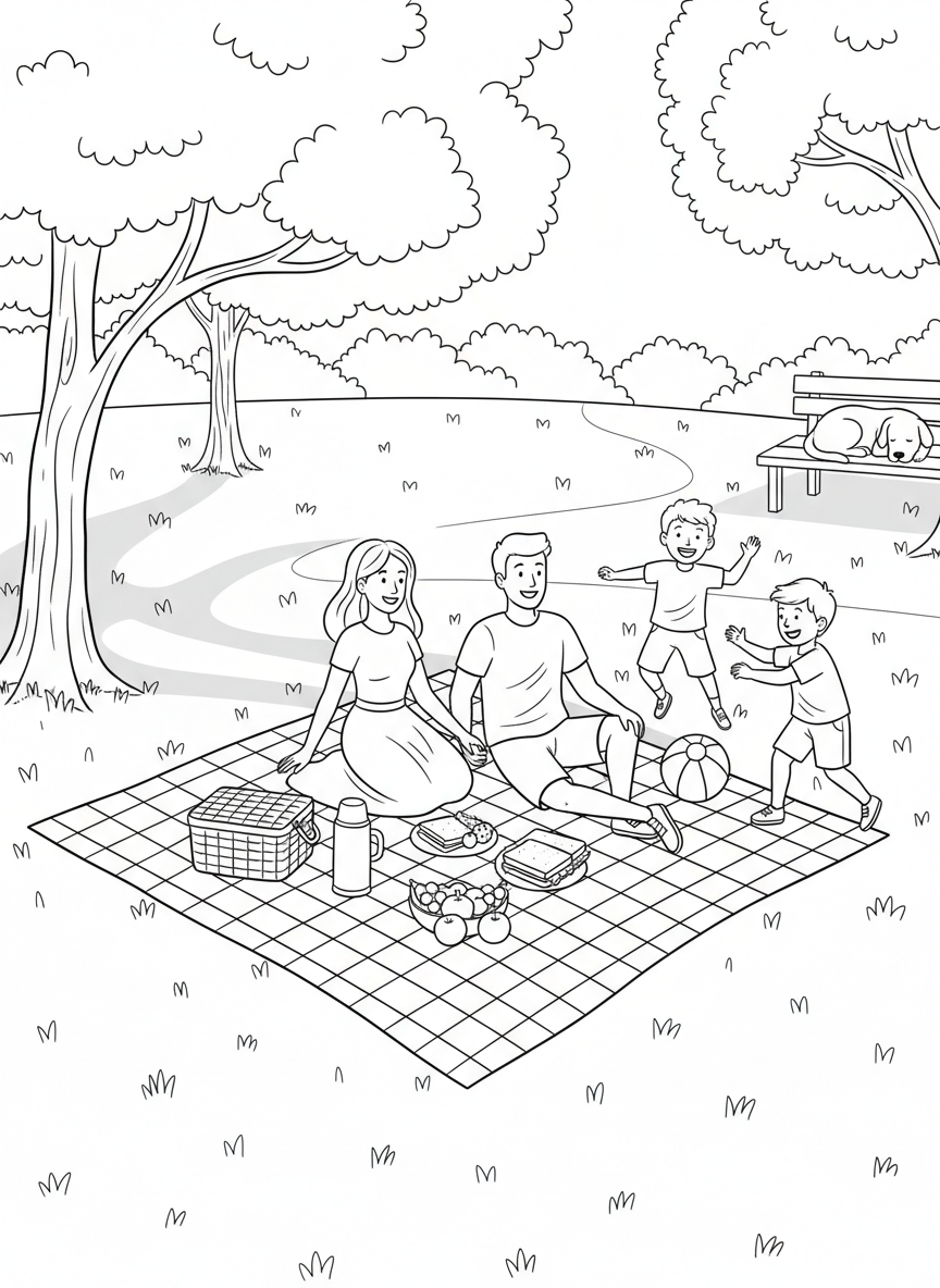 Labor Day Picnic coloring page prompts celebrating late-summer gatherings, relaxation, and seasonal transition.	A Labor Day picnic set in a park with long shadows stretching across the grass, families enjoying one of the last warm weekends of summer.