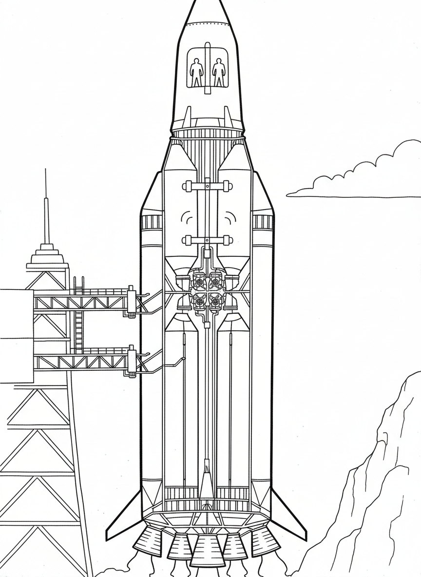 A detailed cross-section view of a multi-level rocket showing different compartments, engines, fuel tanks, and the crew capsule on top