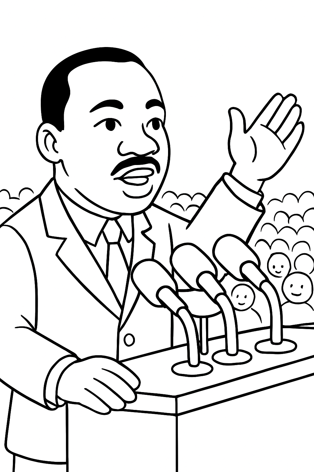 Martin Luther King Jr. standing at a podium with multiple vintage microphones, mid-speech, expressive hand gesture, focused expression, crowd visible beyond the stage, dramatic moment capturing leadership and moral strength