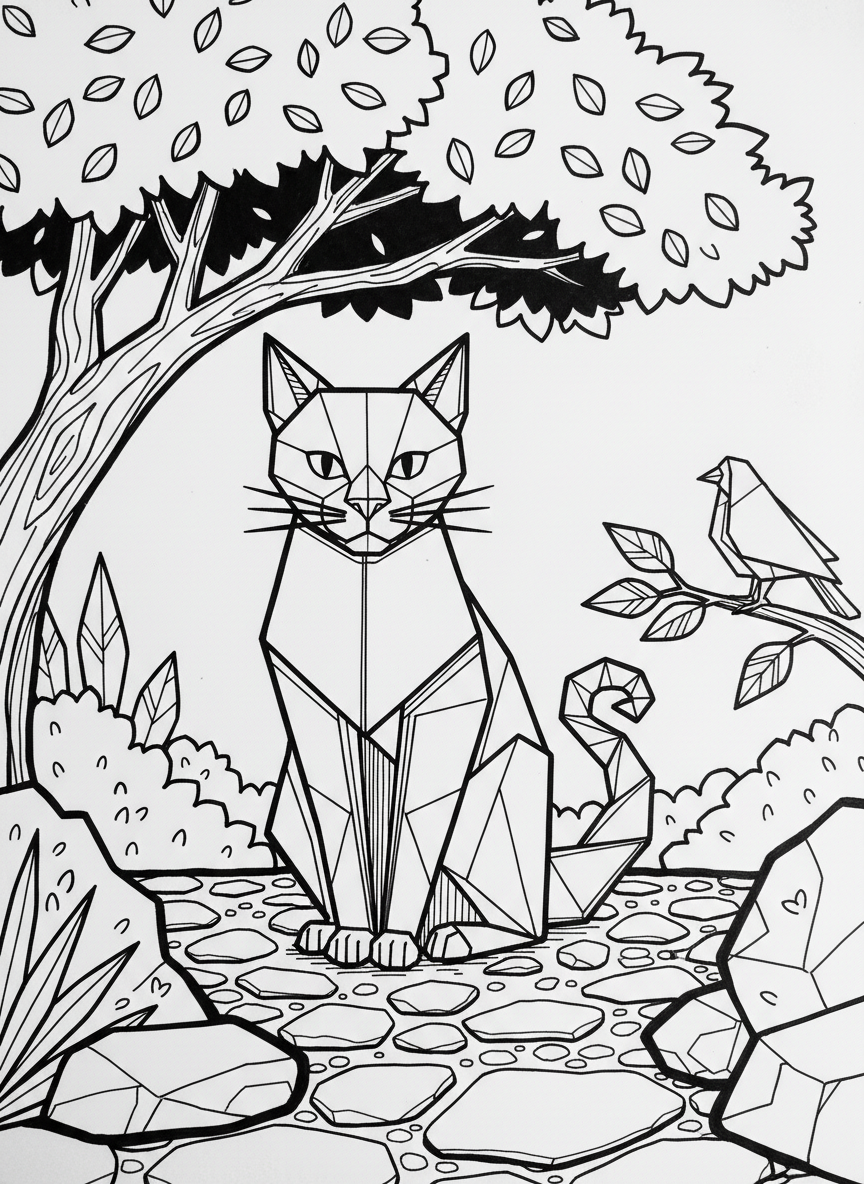 An origami cat sitting down with pointed ears and a curled geometric tail, featuring angular face details and folded paper patterns.