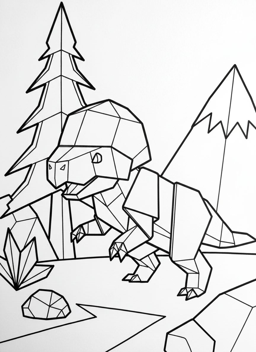 A playful origami Pachycephalosaurus with a domed geometric head, shown in a friendly pose with angular legs and body.