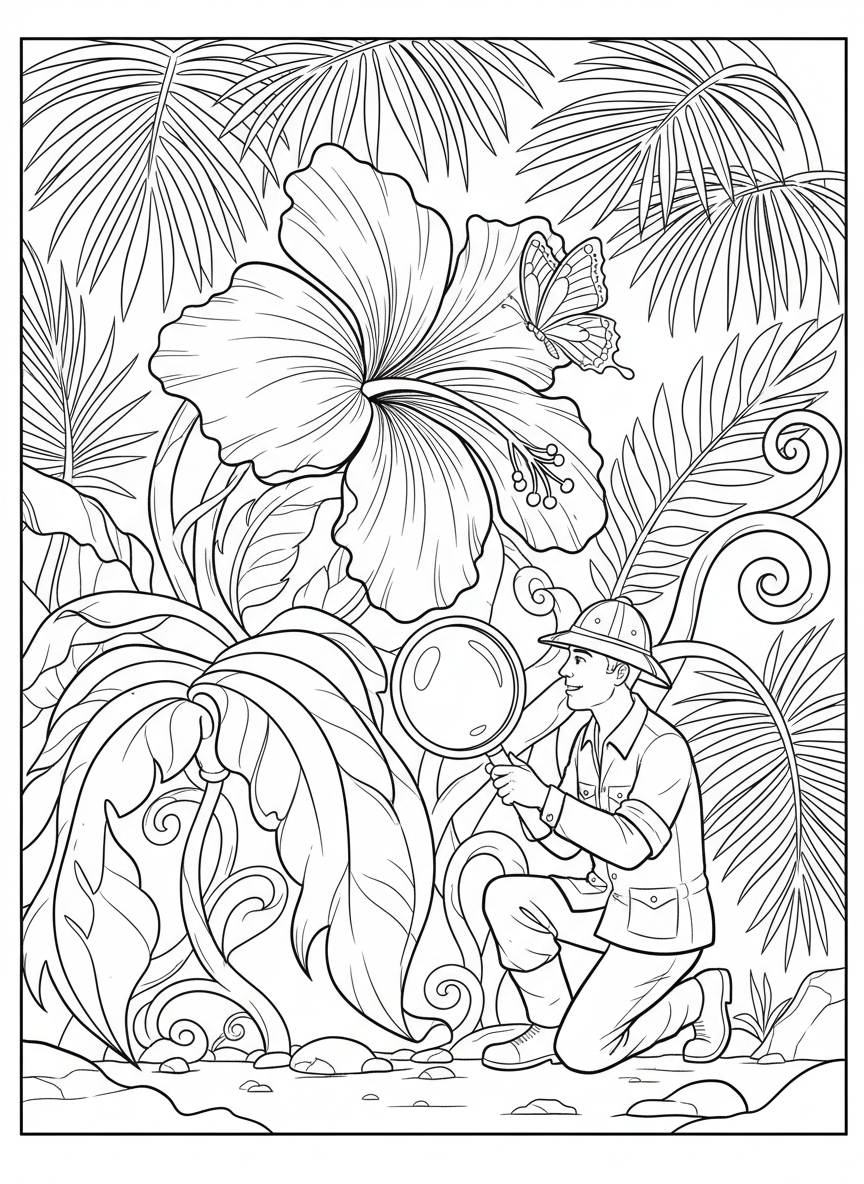 Safari explorer examining a large tropical flower with a magnifying glass while a butterfly lands nearby.