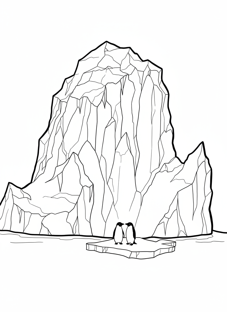 A large Antarctic iceberg with interesting shapes and crevices, with two penguins standing at its base for scale.