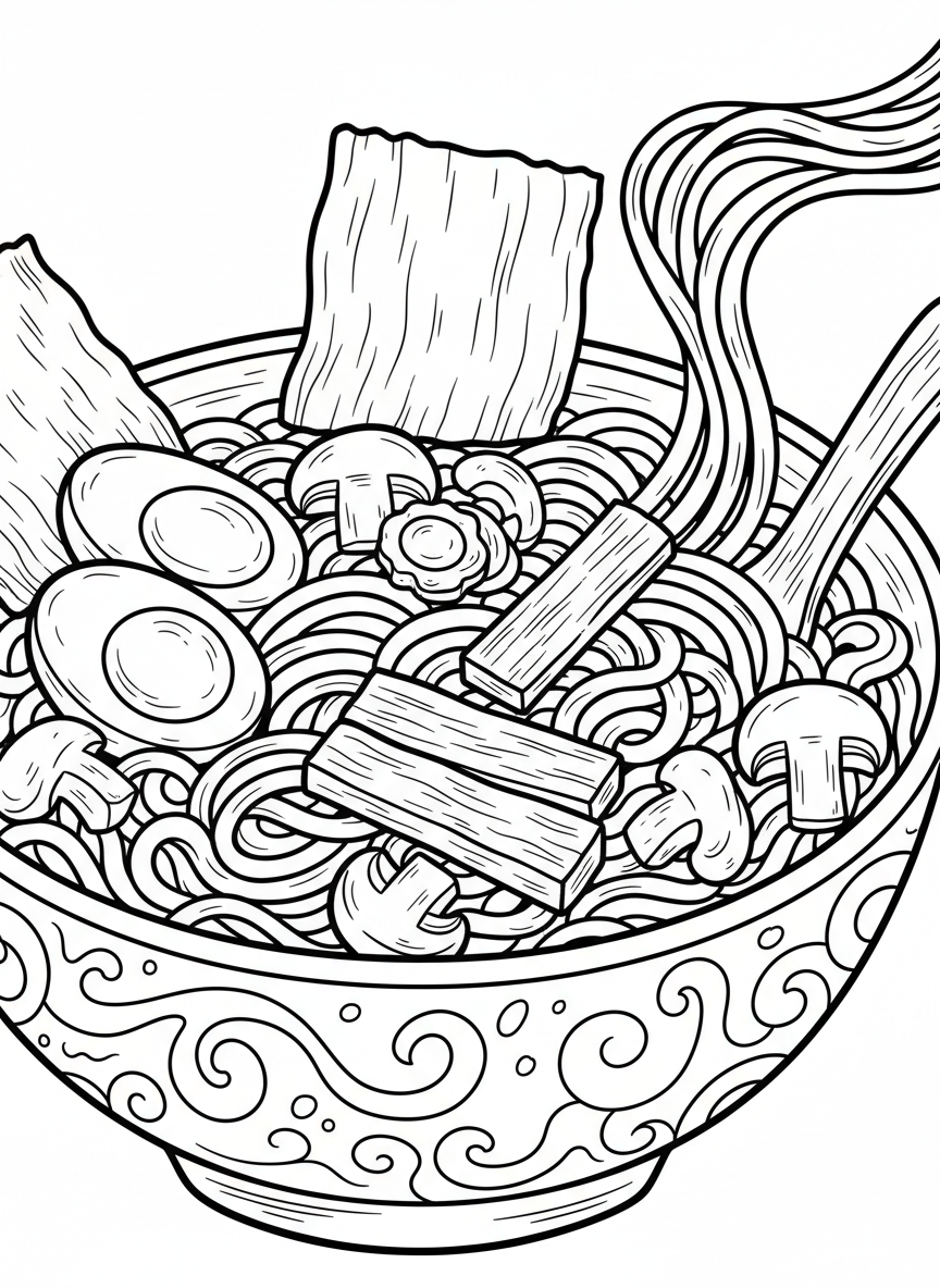 A detailed ramen bowl scene showing noodles, bamboo shoots, nori sheet, egg halves, and mushrooms in rich broth